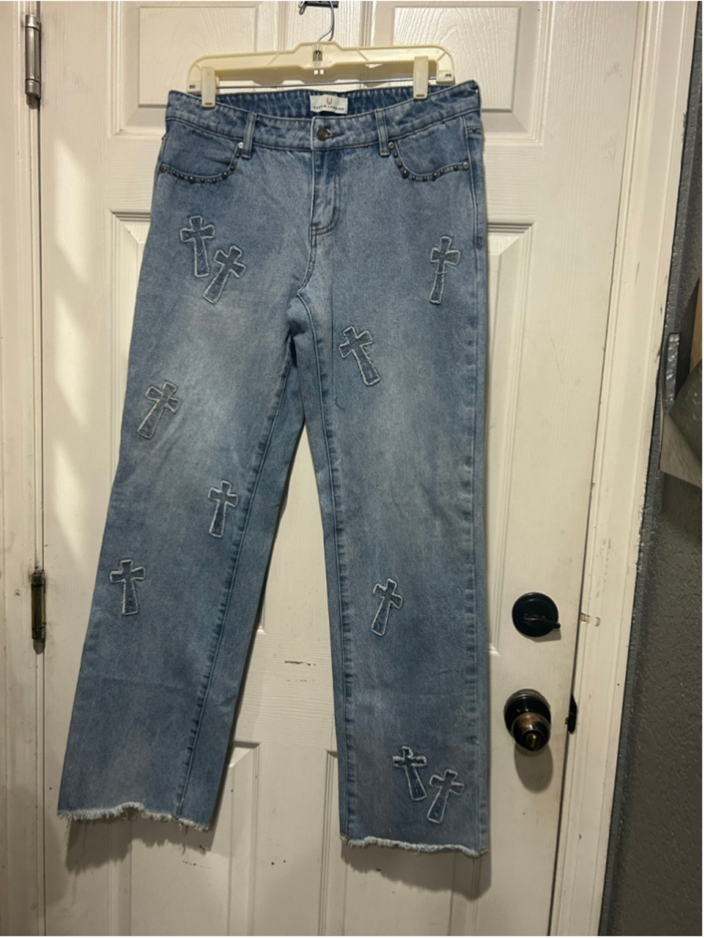 Women's Austin Landing Wide Leg Jeans Size 9 Blue Cross Print